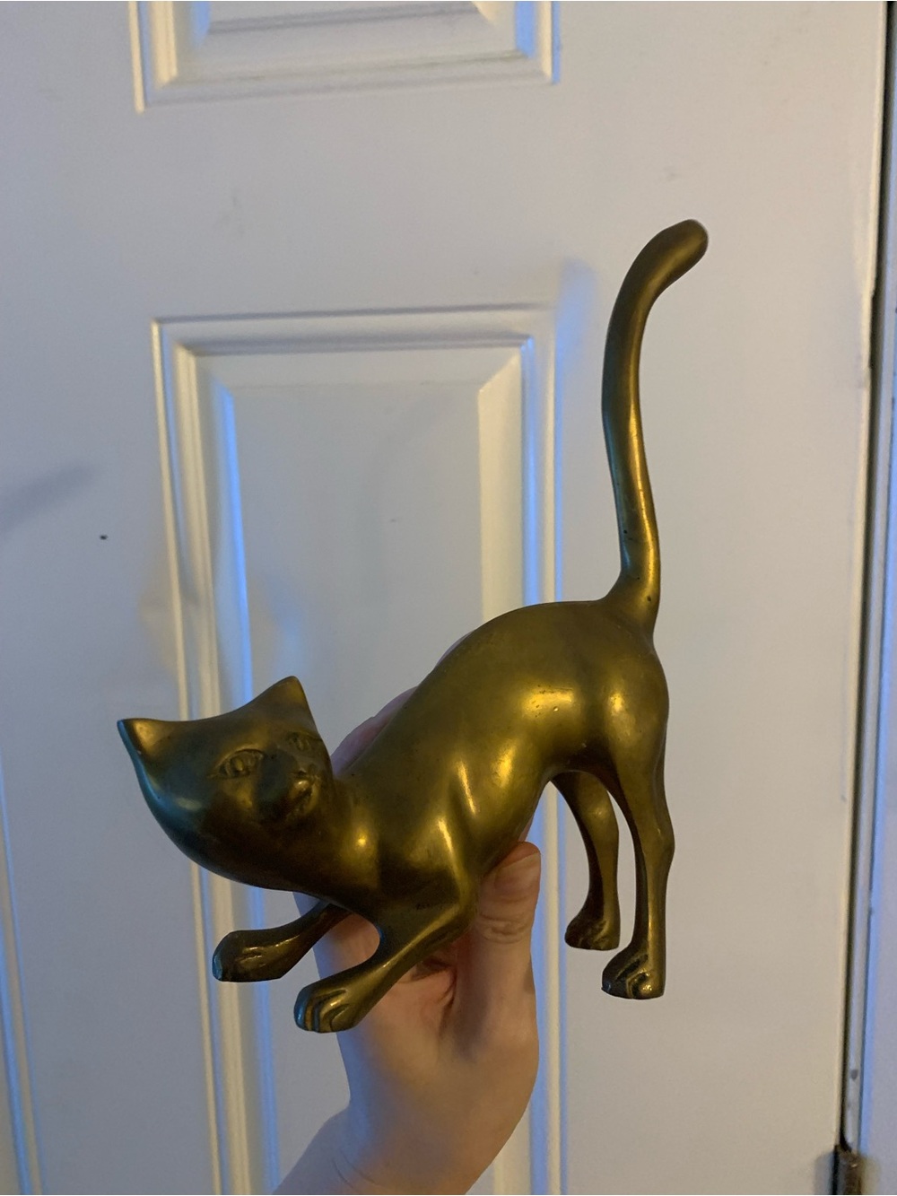 Mcm brass Cat Figurine Sculpture, 9”Stretching with Tail Up